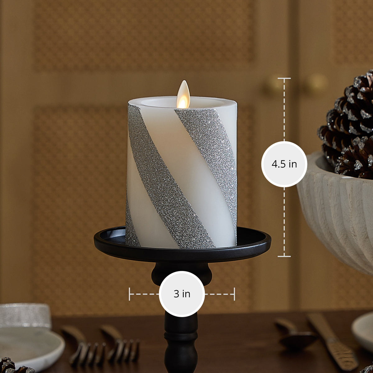 Brilliant Silver Candy Cane Glitter Flameless Candle Pillar