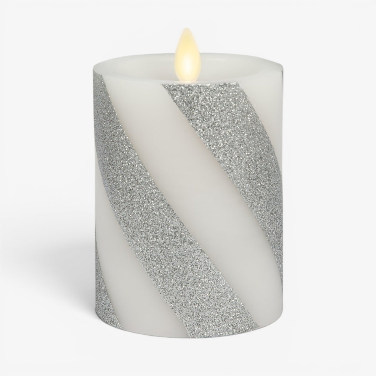 Brilliant Silver Candy Cane Glitter Flameless Candle Pillar