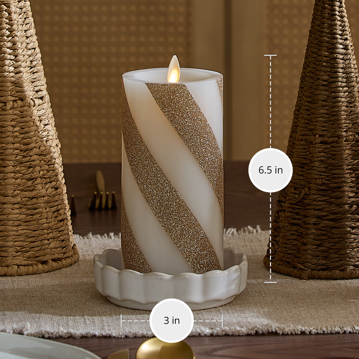 Champagne Glow Candy Cane Glitter Flameless Candle Pillar