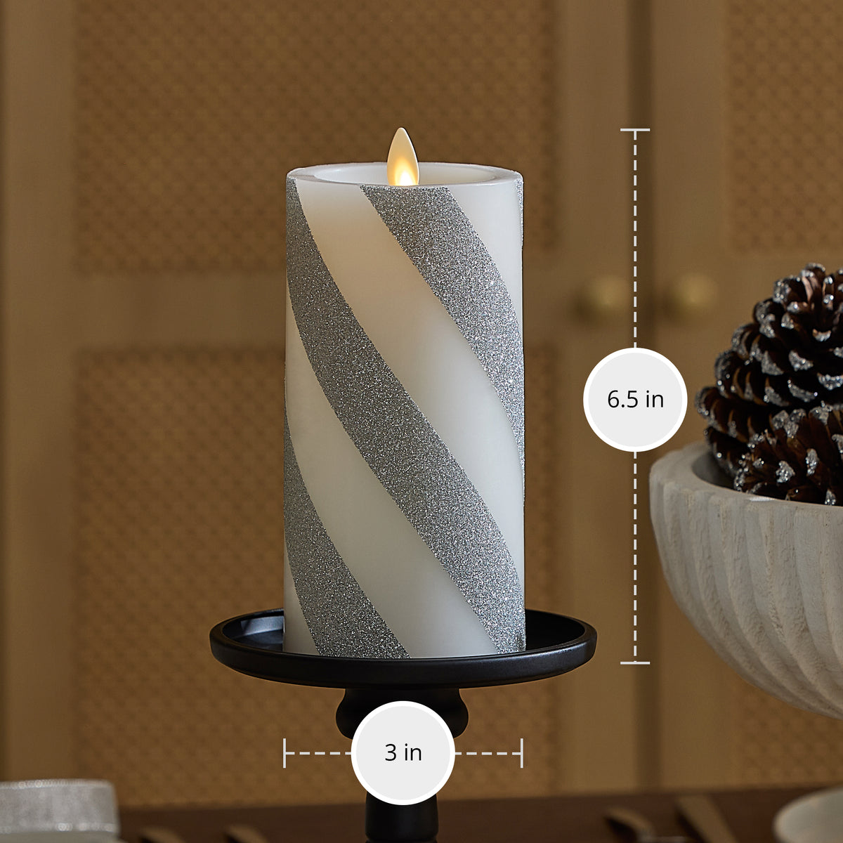 Brilliant Silver Candy Cane Glitter Flameless Candle Pillar