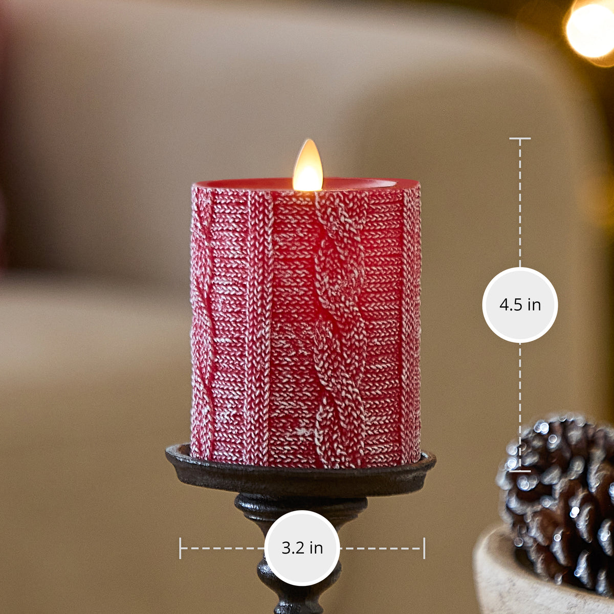 Holiday Red Sweater Knit Flameless Candle Pillar