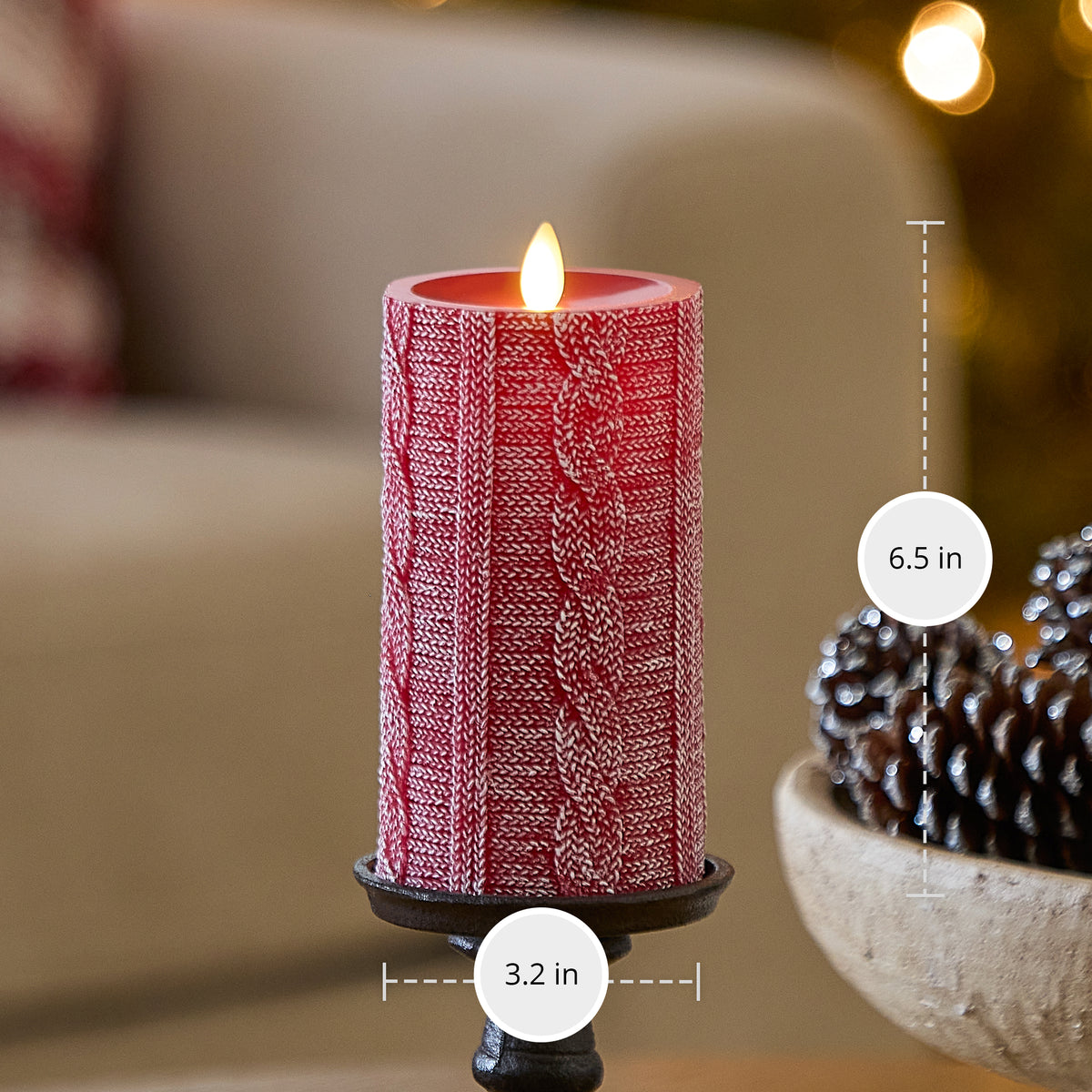 Holiday Red Sweater Knit Flameless Candle Pillar