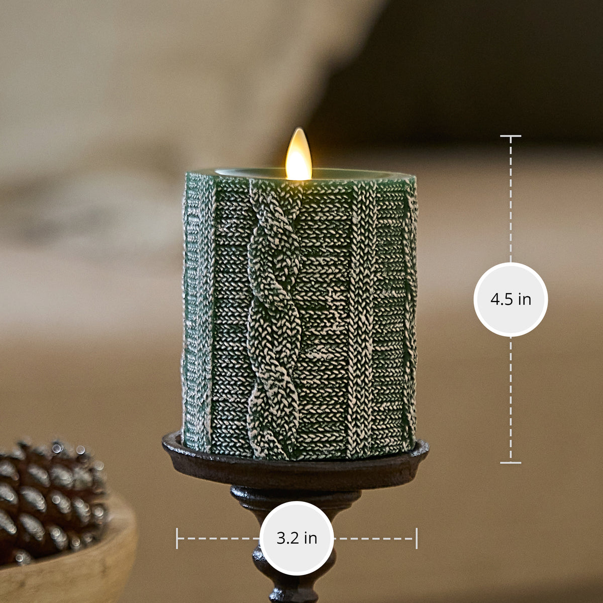 Holiday Green Sweater Knit Flameless Candle Pillar