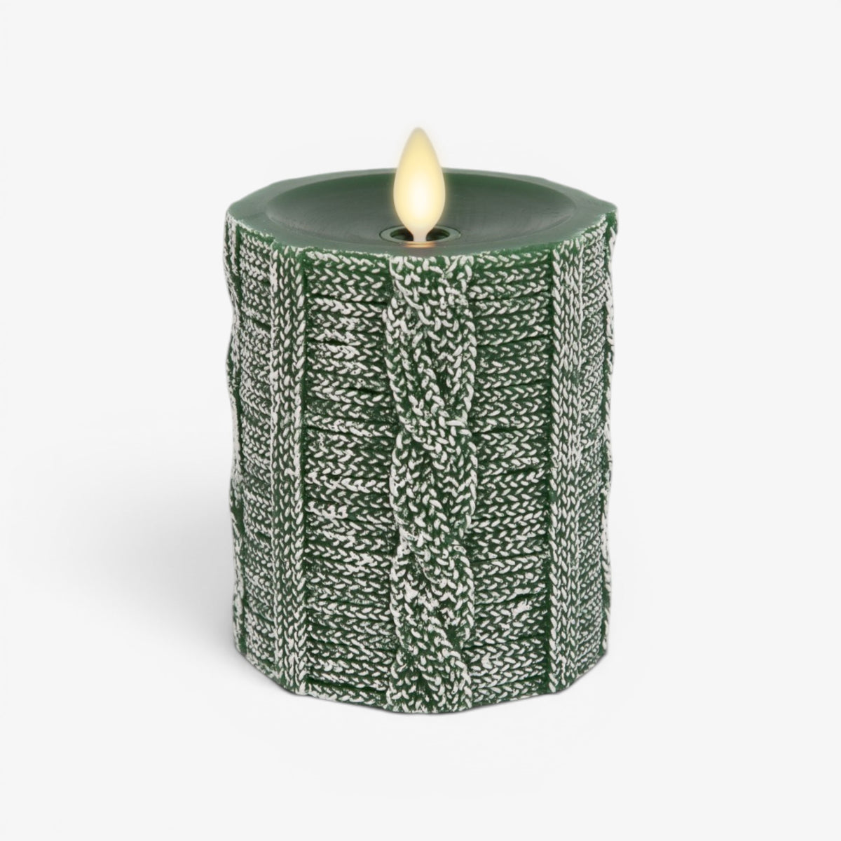 Holiday Green Sweater Knit Flameless Candle Pillar