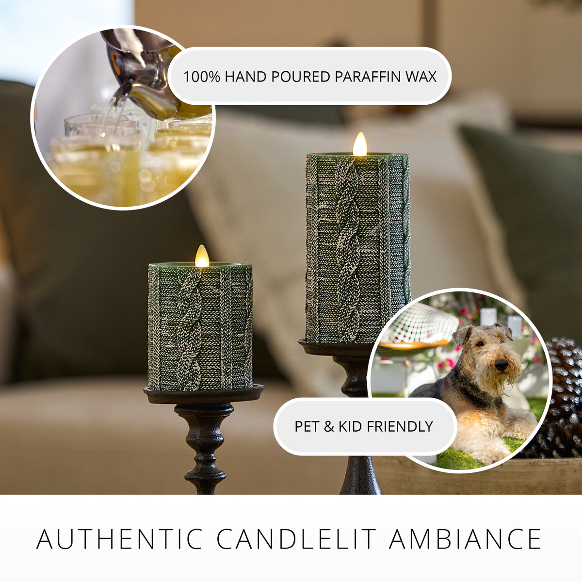 Holiday Green Sweater Knit Flameless Candle Pillar
