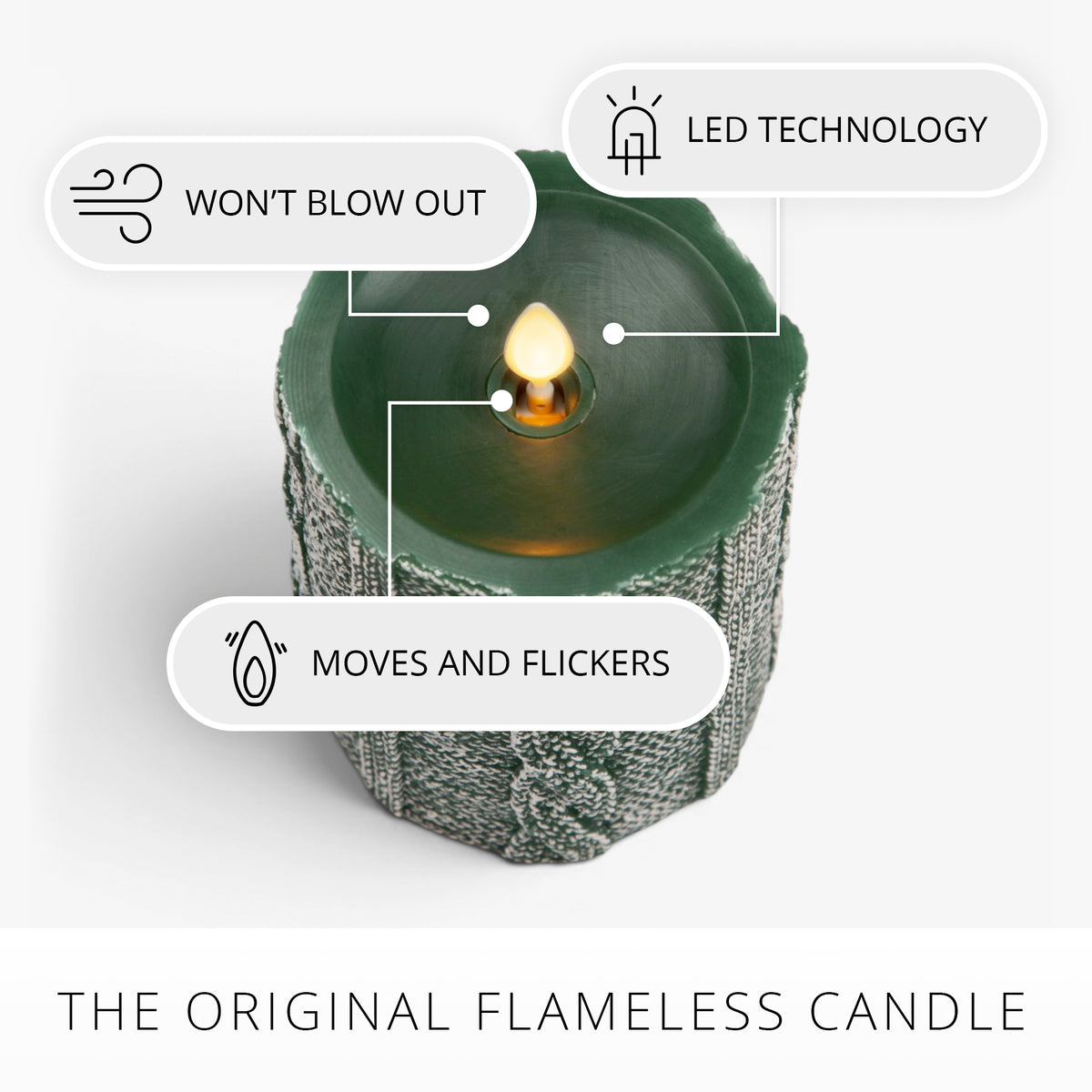 Holiday Green Sweater Knit Flameless Candle Pillar