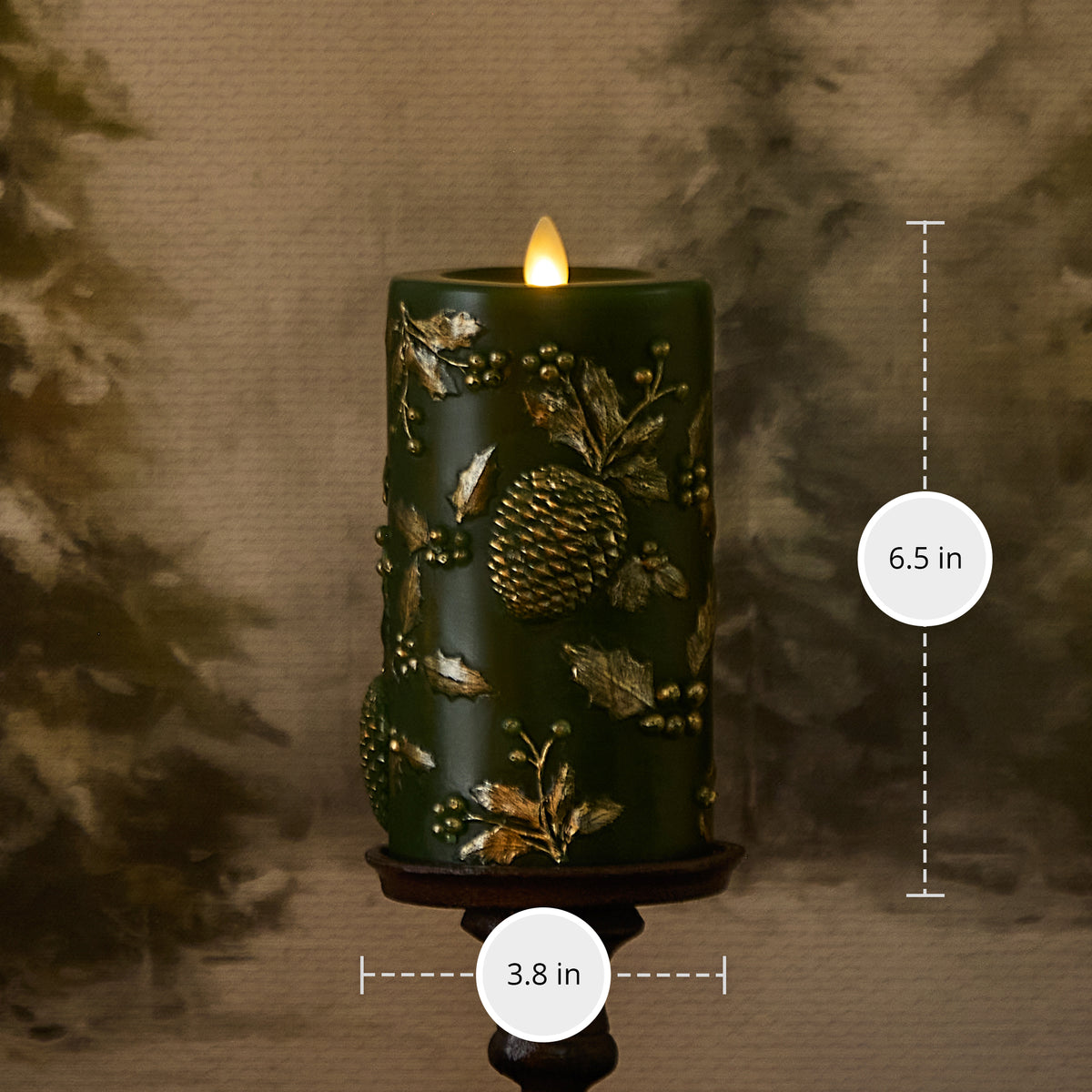 Holiday Green Embossed Pinecones Flameless Candle Pillar
