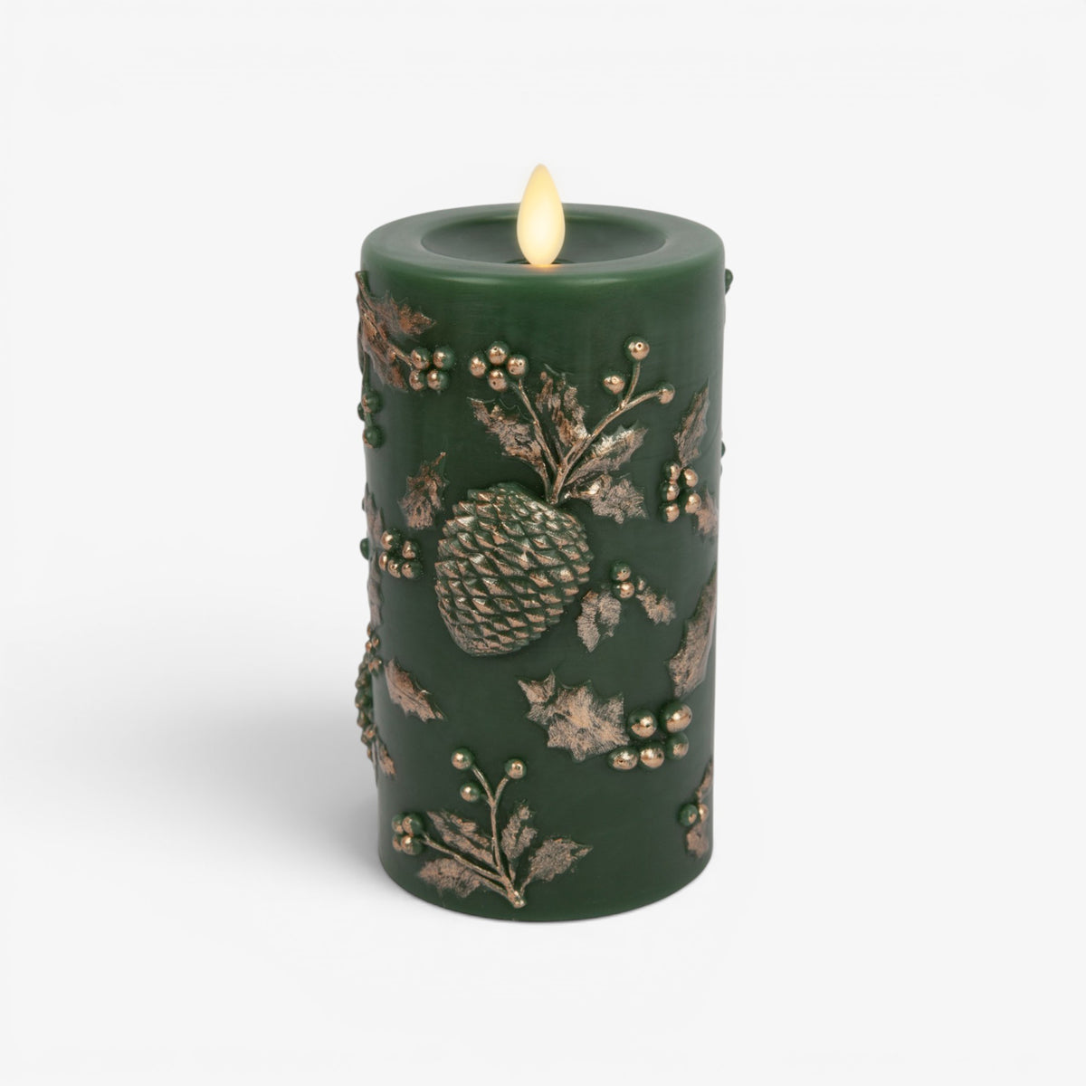 Holiday Green Embossed Pinecones Flameless Candle Pillar