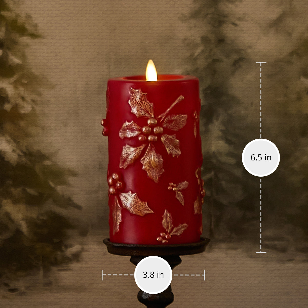 Holiday Red Embossed Holly Flameless Candle Pillar