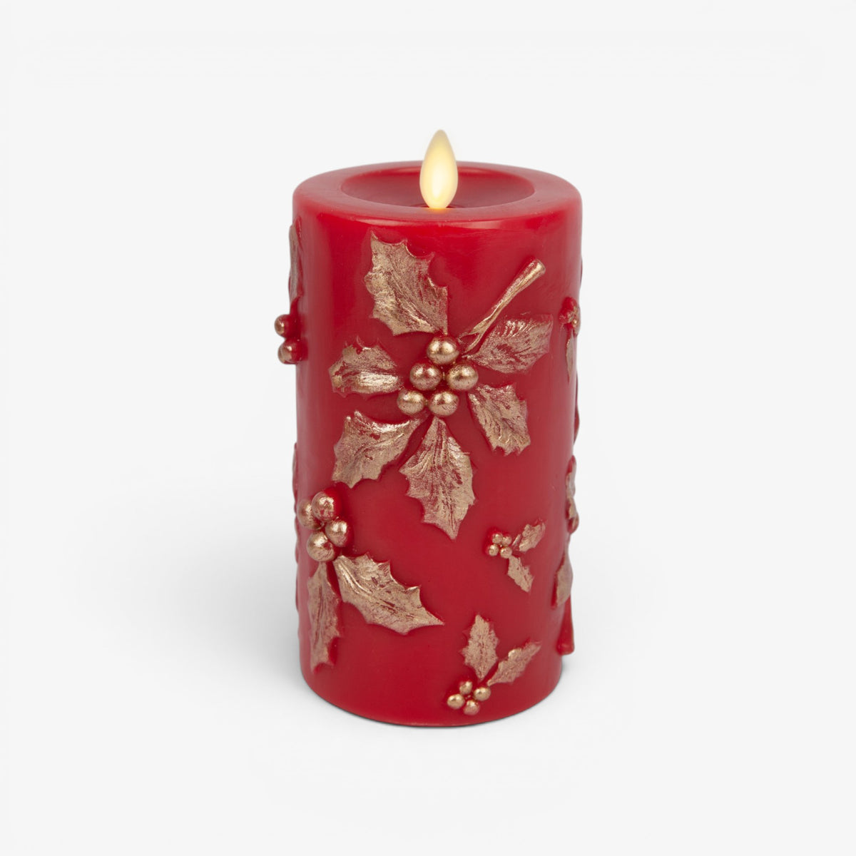 Holiday Red Embossed Holly Flameless Candle Pillar
