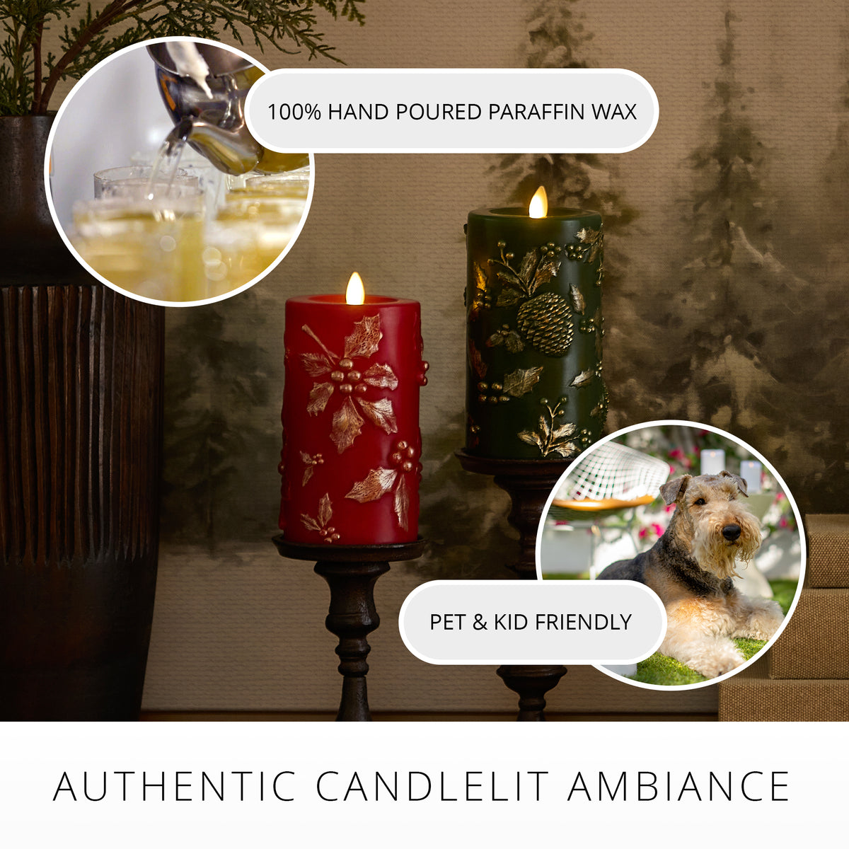 Holiday Red Embossed Holly Flameless Candle Pillar