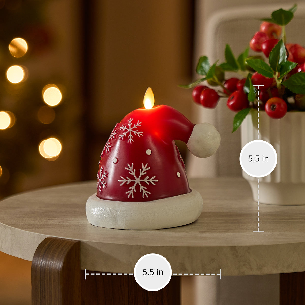 Holiday Red Santa Hat with Snowflakes Flameless Candle