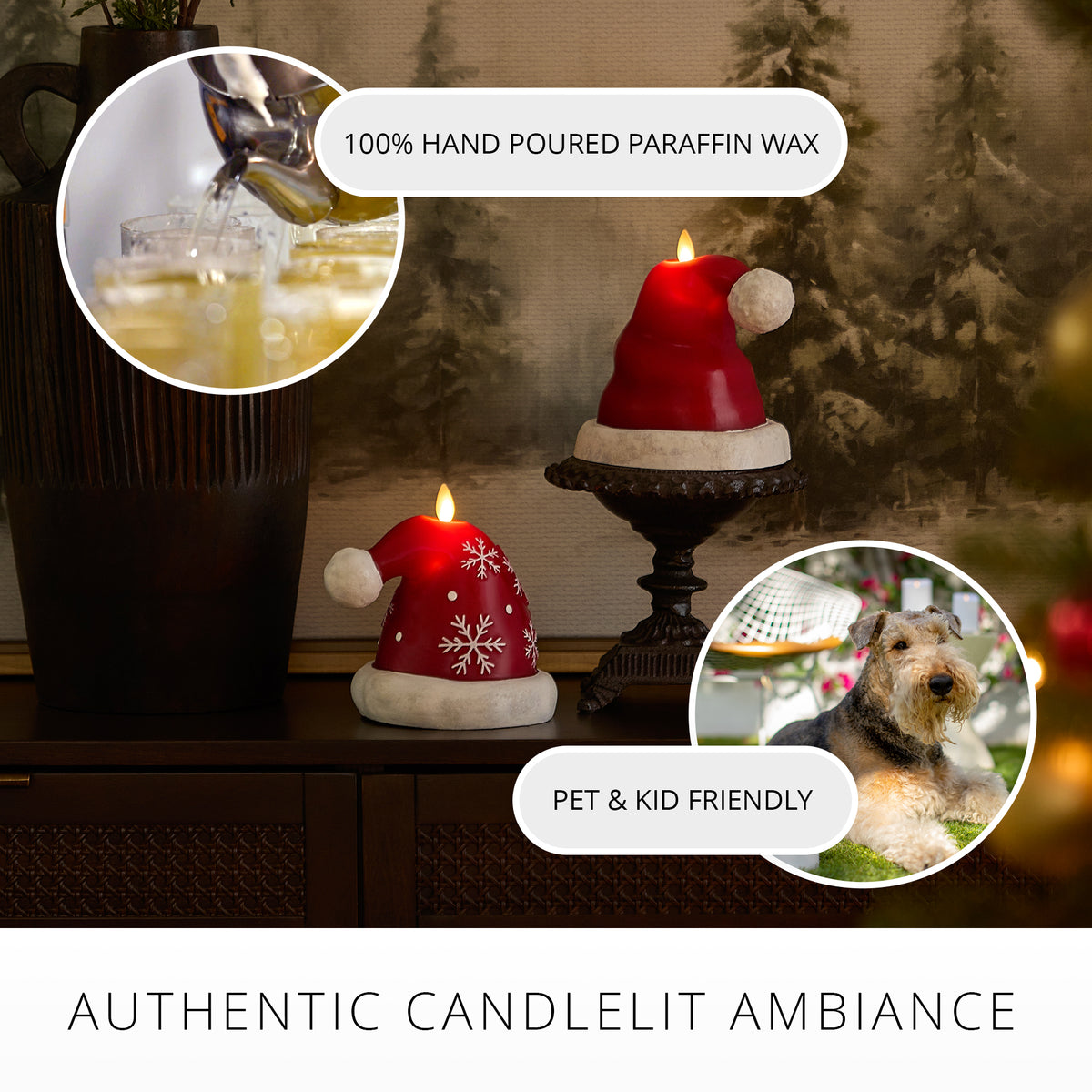 Holiday Red Santa Hat with Snowflakes Flameless Candle