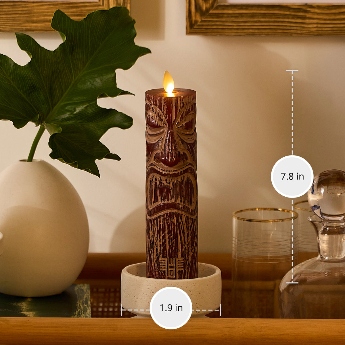 Cherry Mahogany Chalky Etched Slim Tiki Flameless Candle Pillar