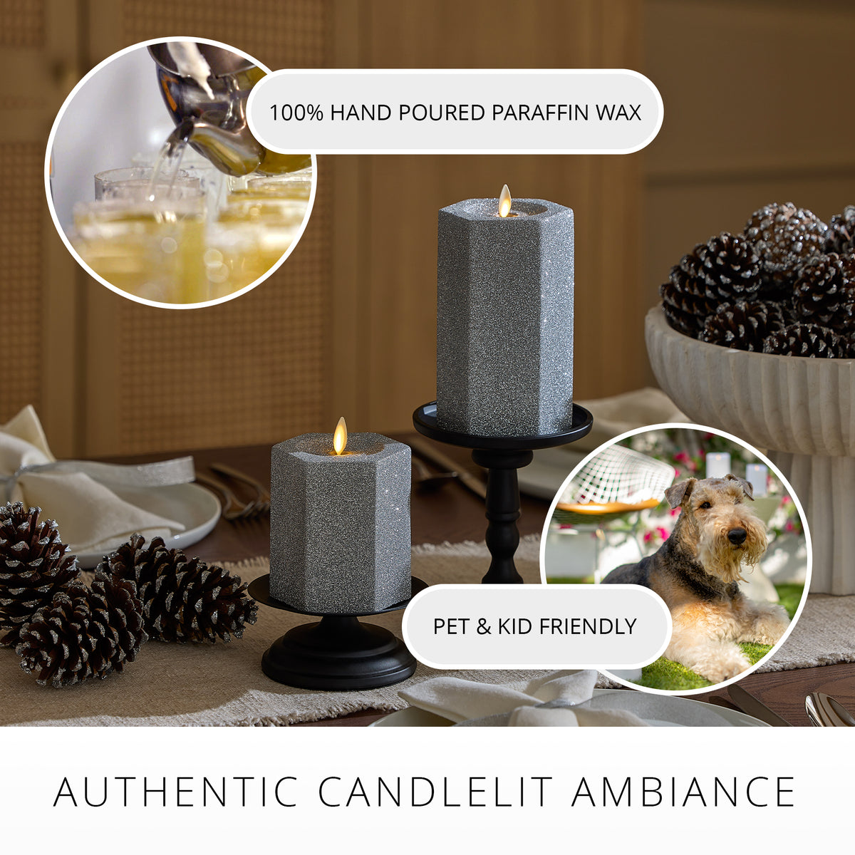 Brilliant Silver Hexagon Flameless Candle Pillar