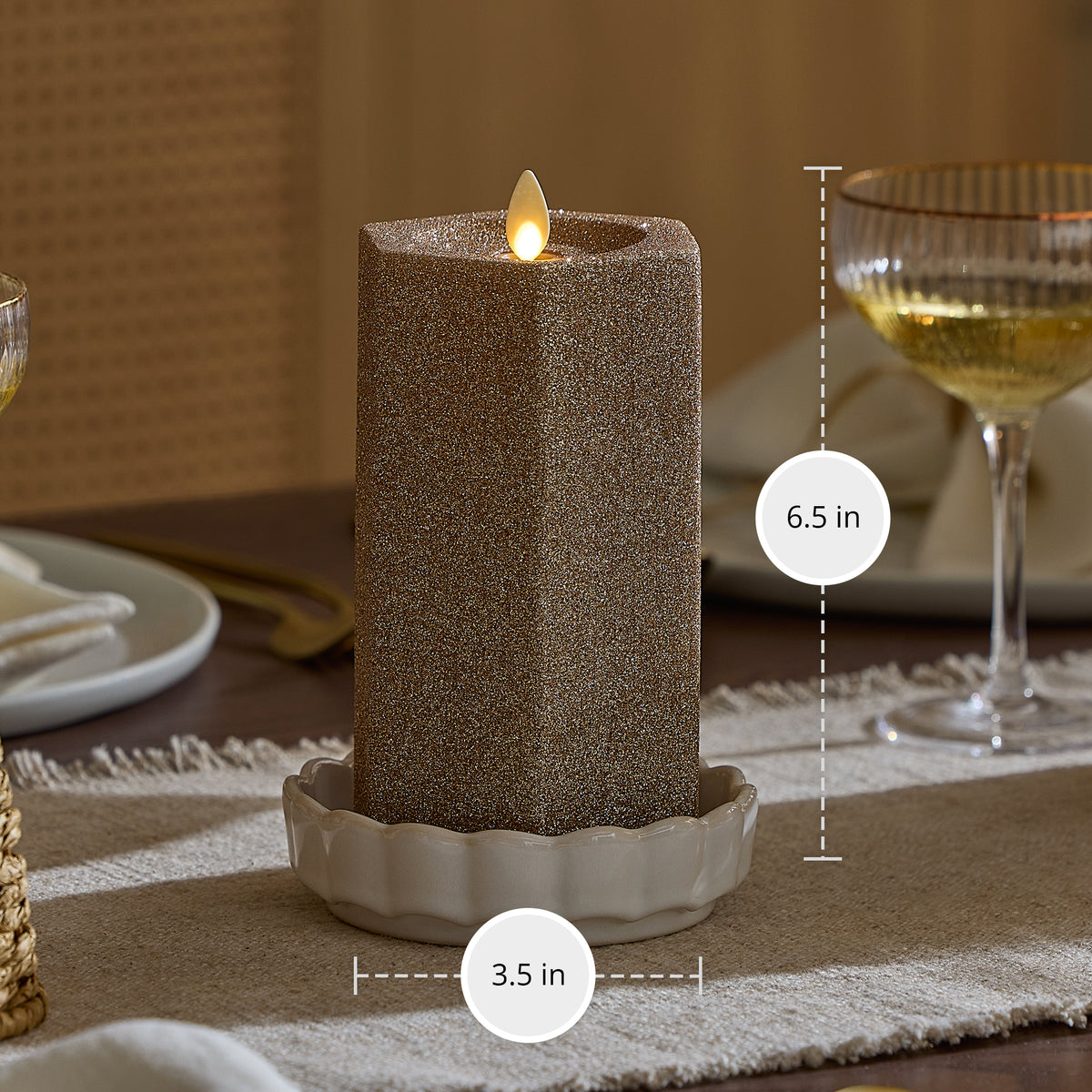 Champagne Glow Hexagon Flameless Candle Pillar