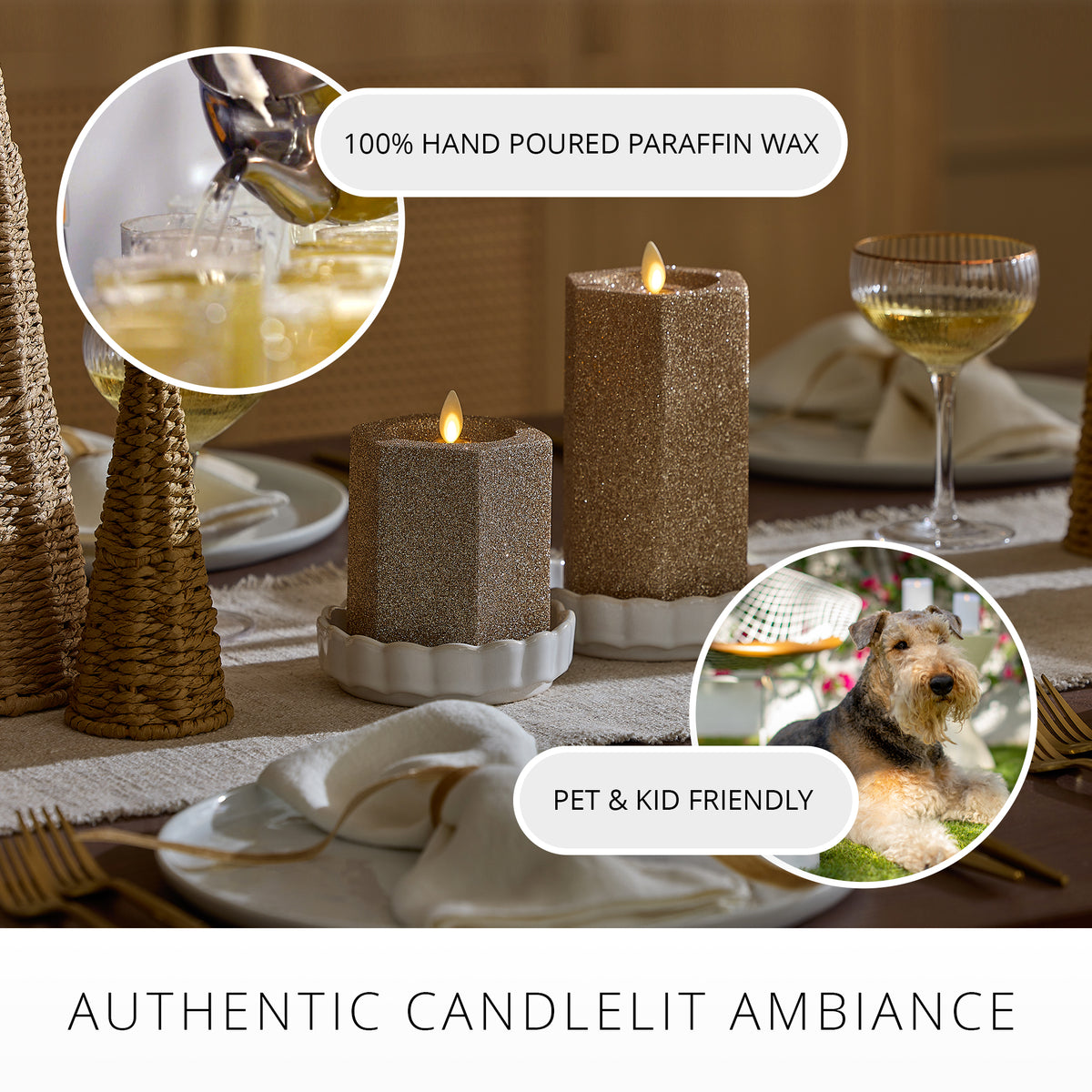 Champagne Glow Hexagon Flameless Candle Pillar