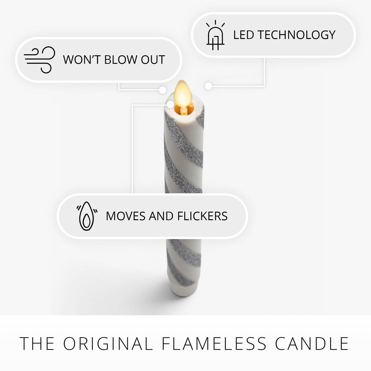 Brilliant Silver Candy Cane Glitter Flameless Candle Taper