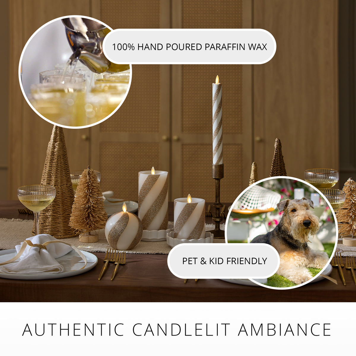 Champagne Glow Candy Cane Glitter Flameless Candle Taper