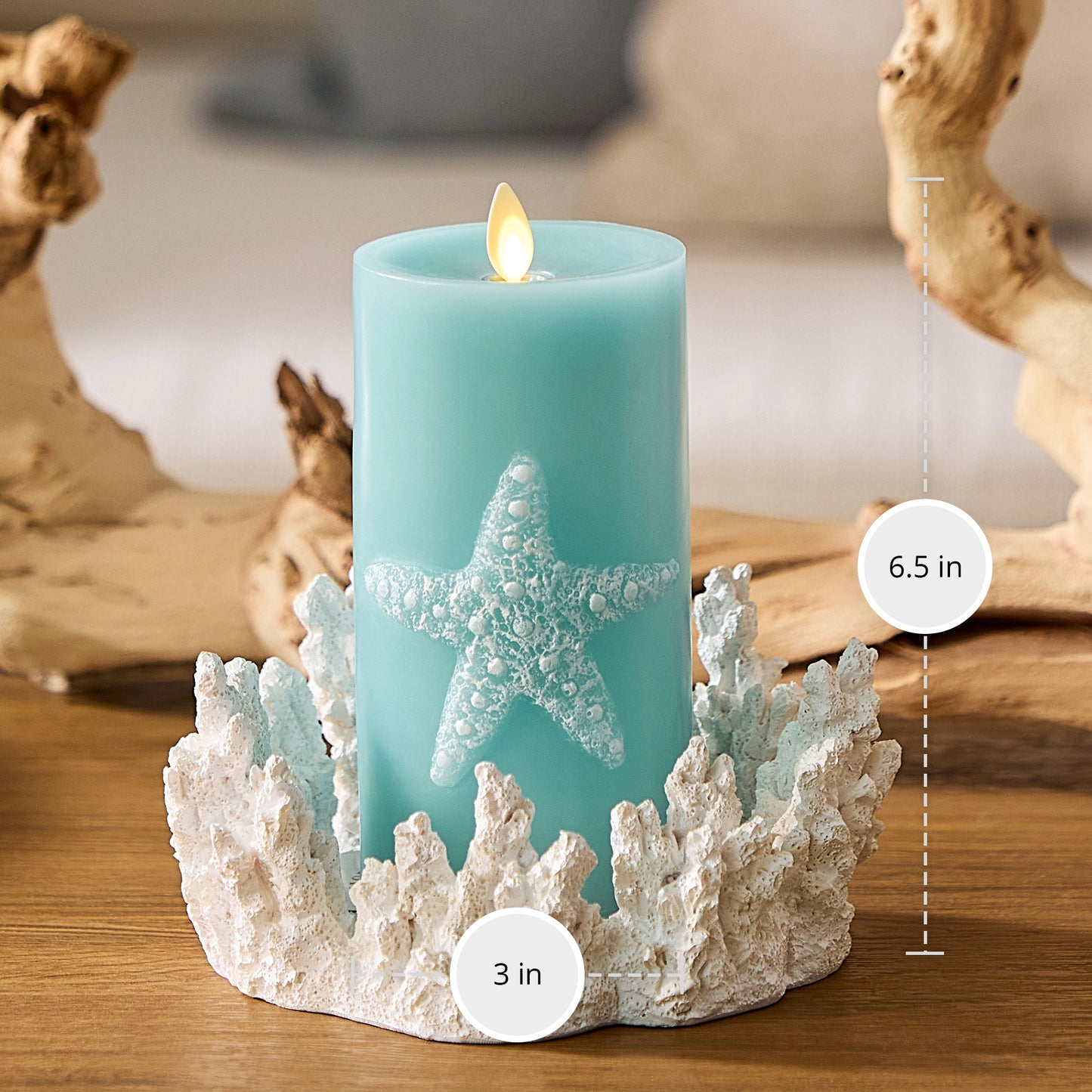 Soft Teal Embossed Starfish Flameless Candle Pillar