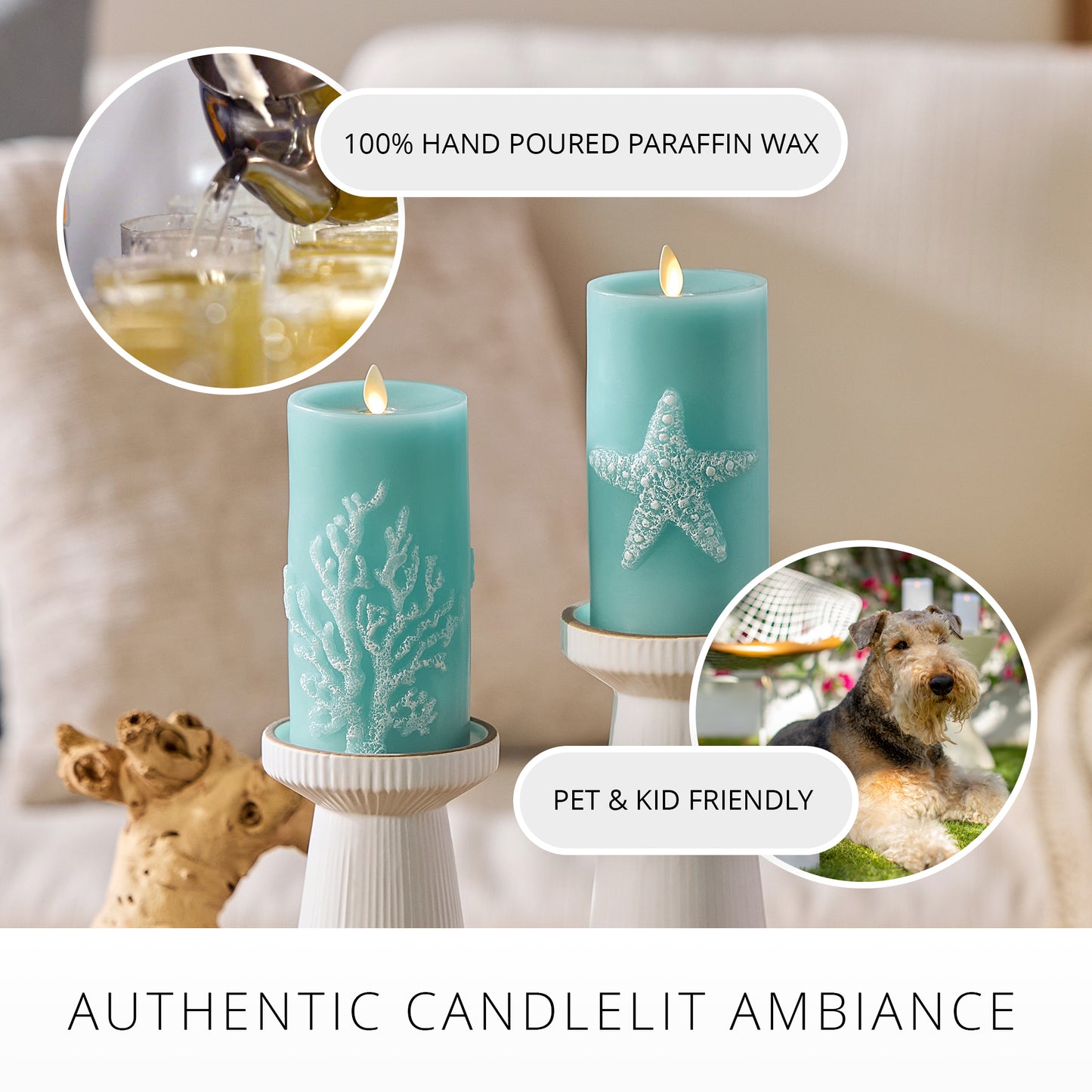 Soft Teal Embossed Starfish Flameless Candle Pillar
