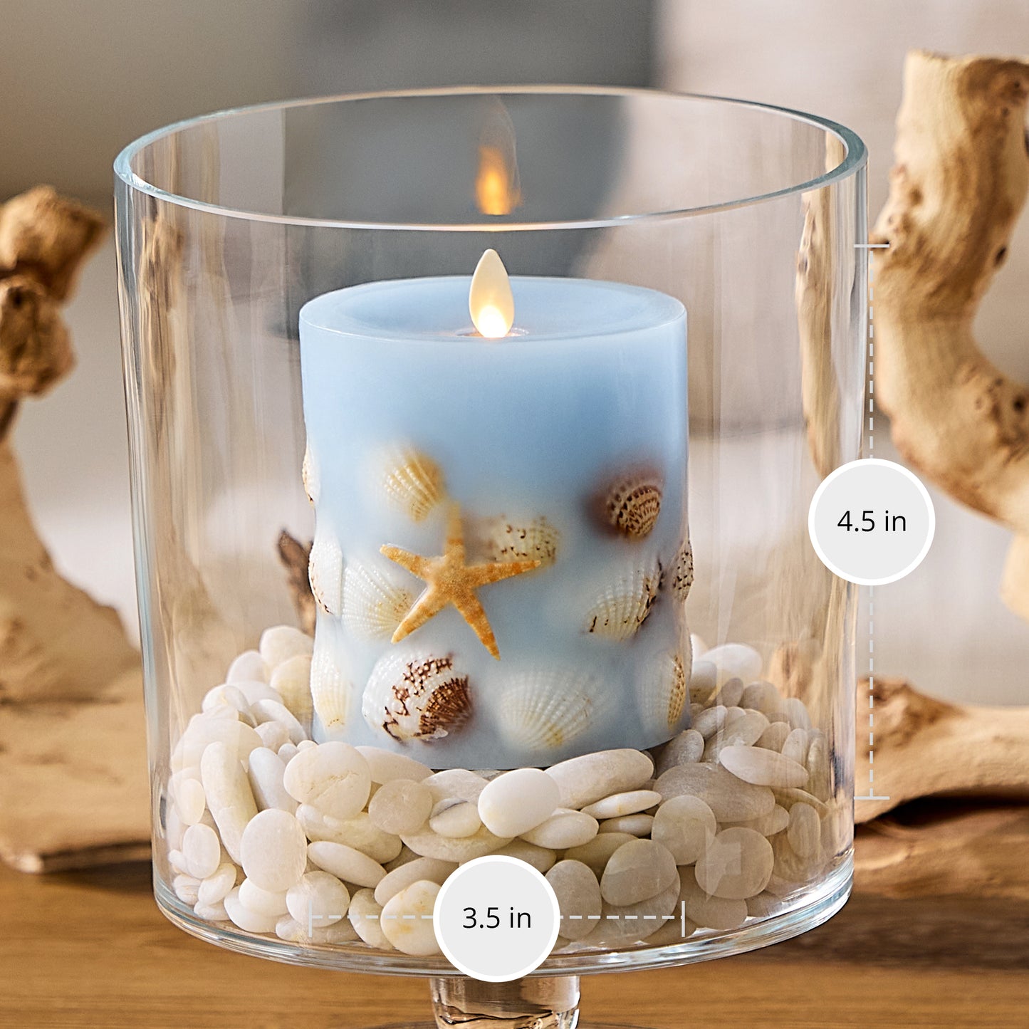 Soft Chambray Embedded Seashell & Starfish Flameless Candle Pillars