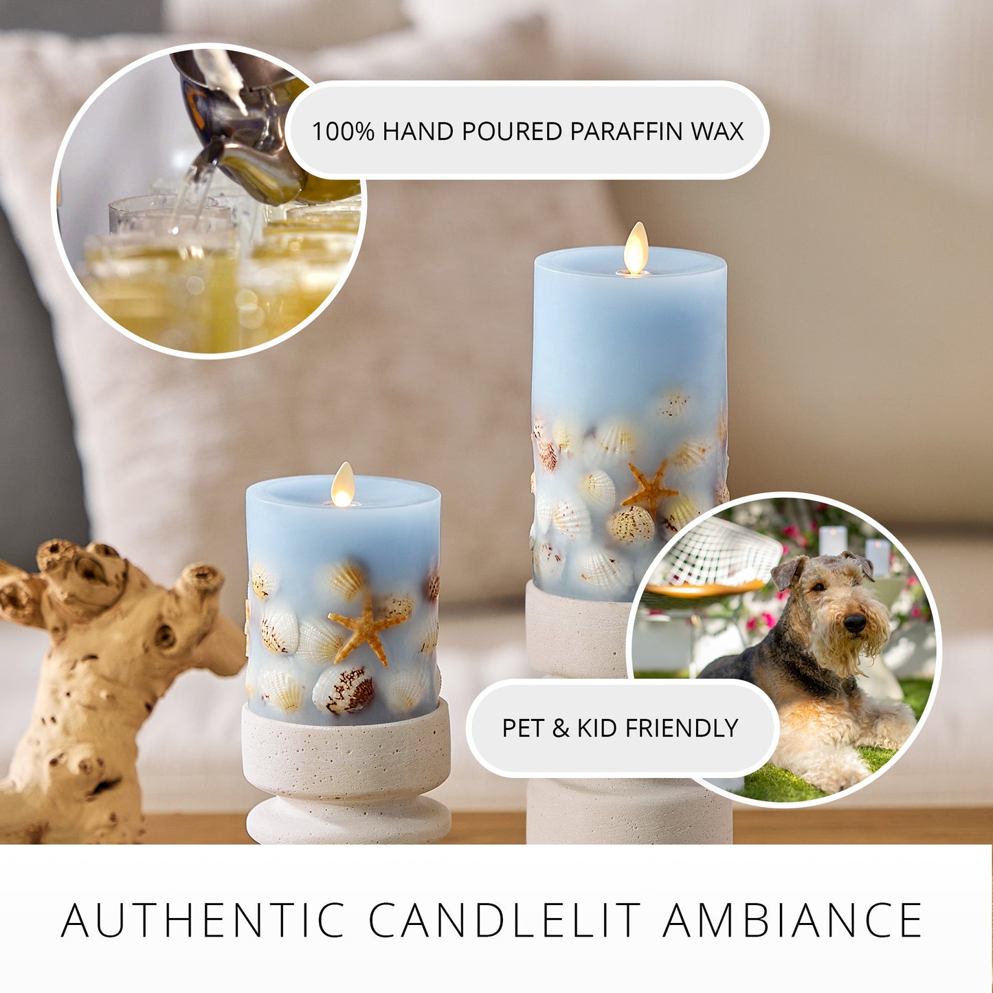 Soft Chambray Embedded Seashell & Starfish Flameless Candle Pillars