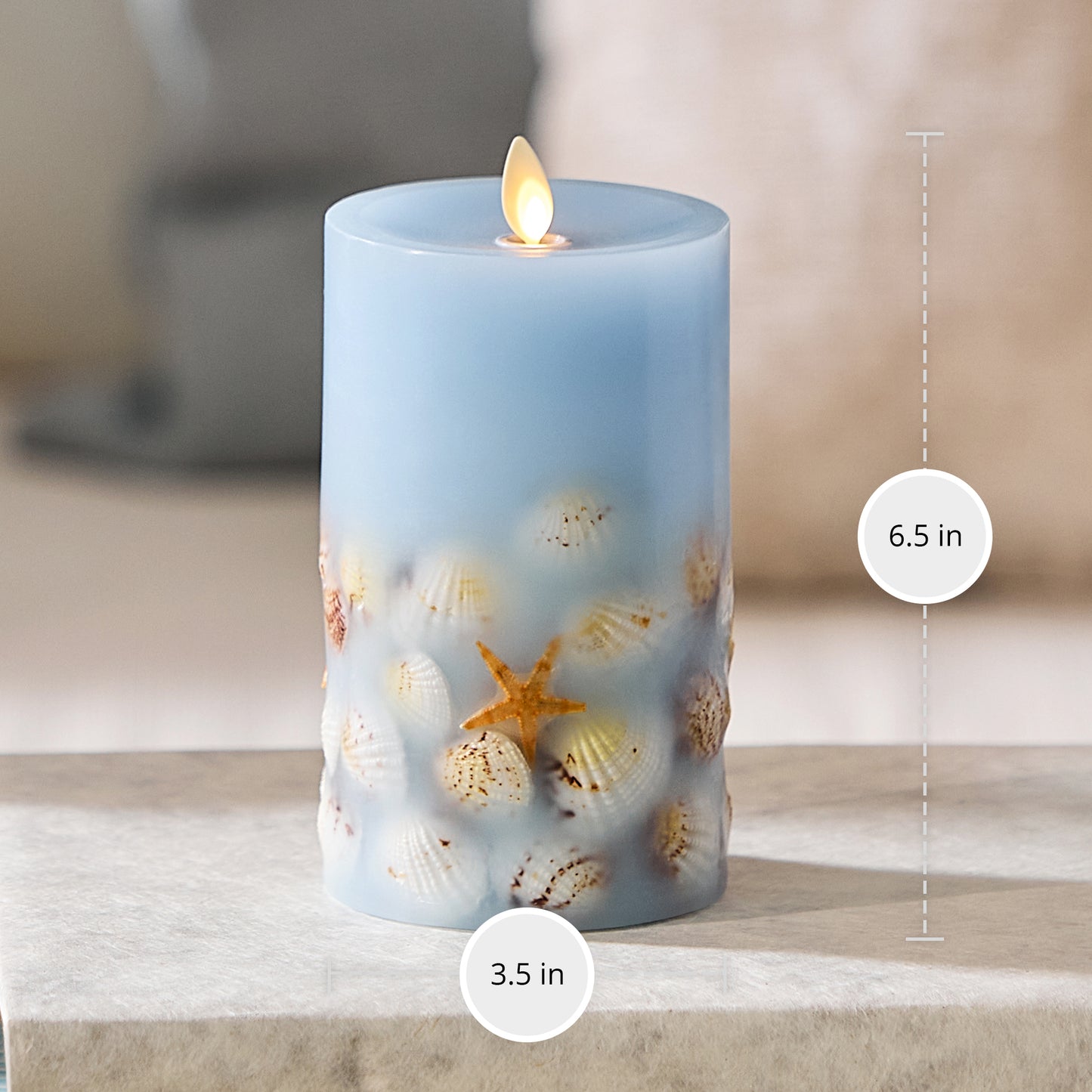 Soft Chambray Embedded Seashell & Starfish Flameless Candle Pillars