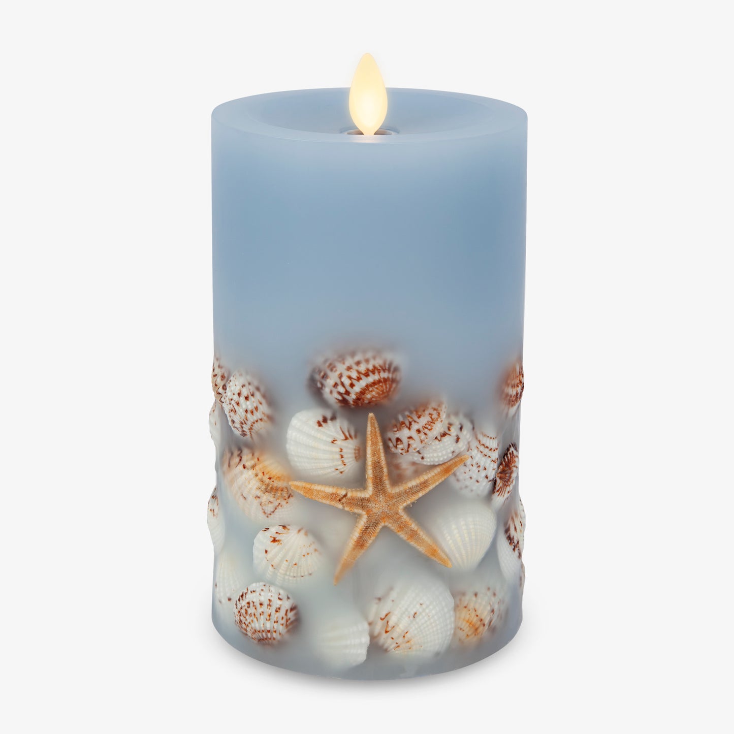 Soft Chambray Embedded Seashell & Starfish Flameless Candle Pillars