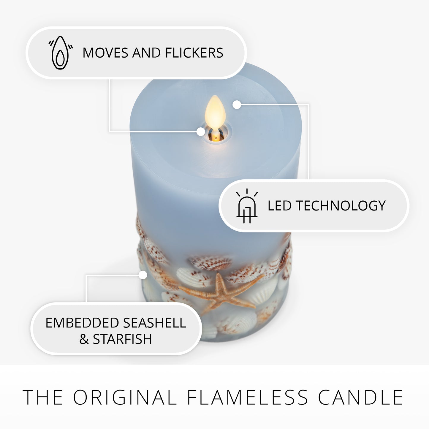 Soft Chambray Embedded Seashell & Starfish Flameless Candle Pillars