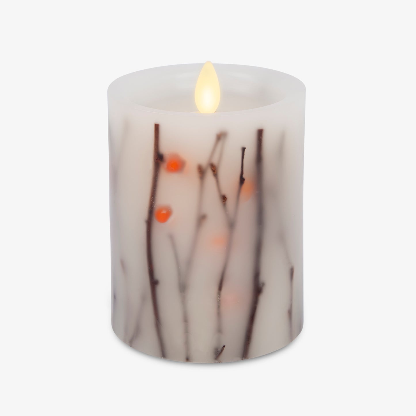 Pearl Ivory Embedded Orange Berries & Twigs Flameless Candle Pillar