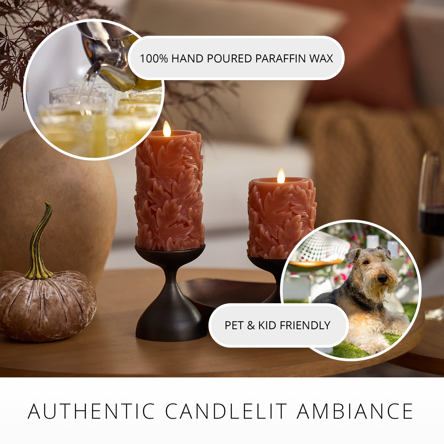 Caramel Café Embossed Leaves Flameless Candle Pillars