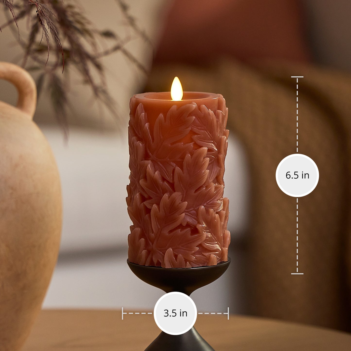 Caramel Café Embossed Leaves Flameless Candle Pillars