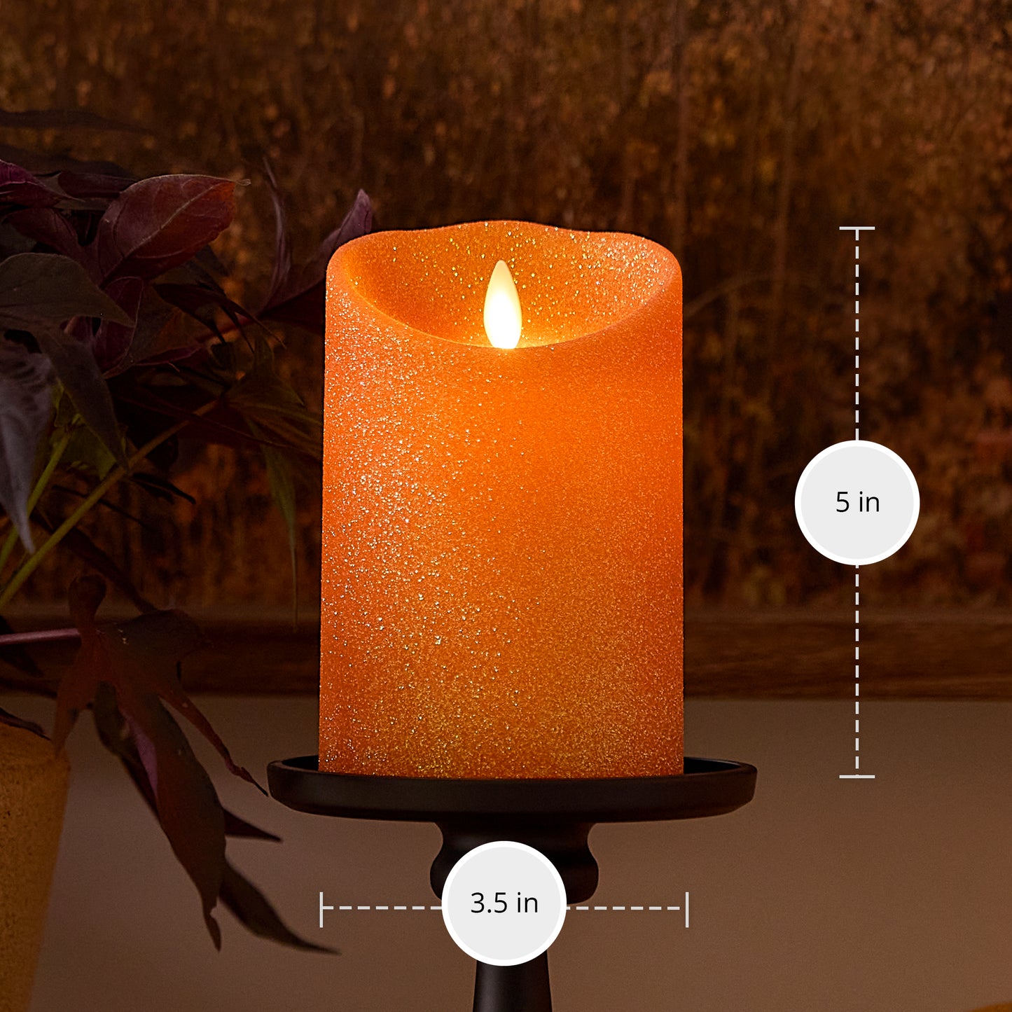 Russet Orange Glitter Flameless Candle Pillar