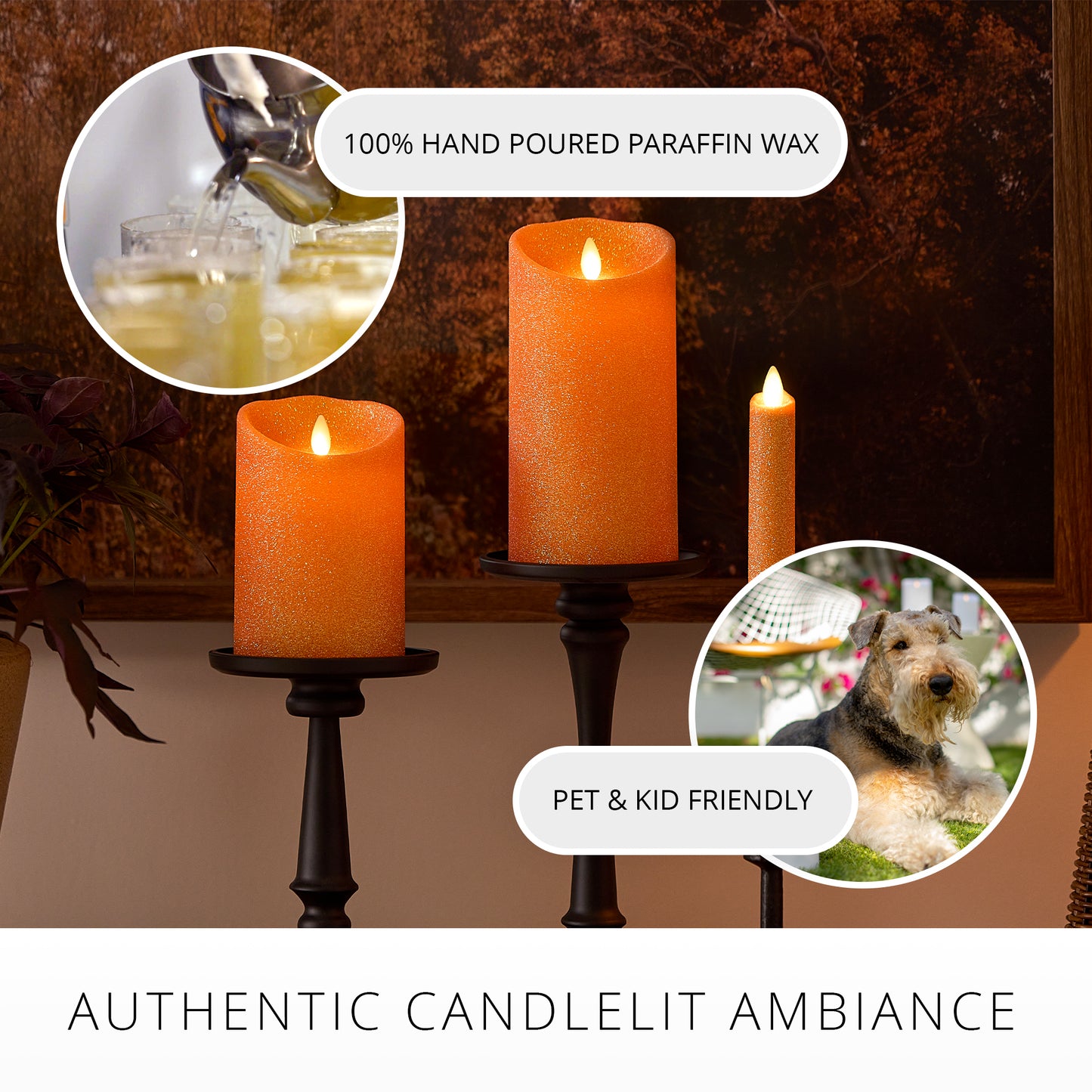 Russet Orange Glitter Flameless Candle Pillar