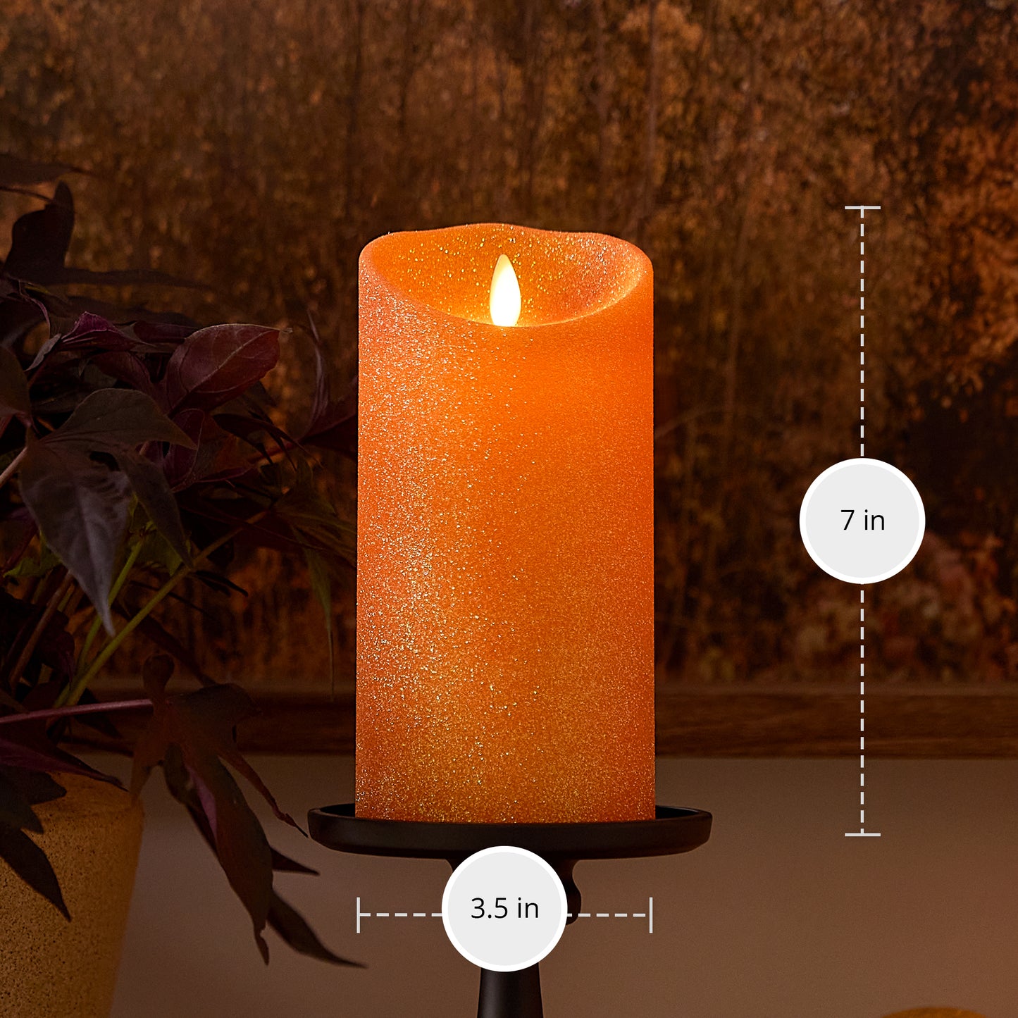 Russet Orange Glitter Flameless Candle Pillar