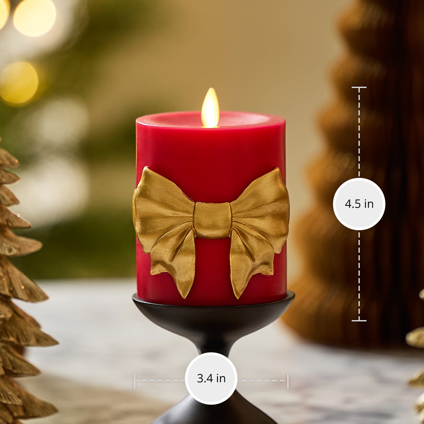 Holiday Red with Gold Bow Flameless Candle Pillar