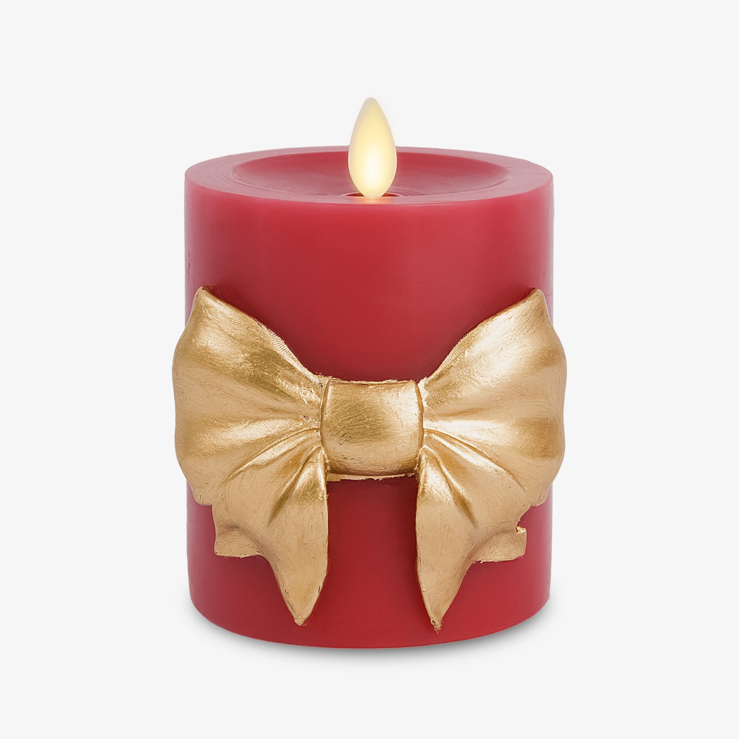 Holiday Red with Gold Bow Flameless Candle Pillar