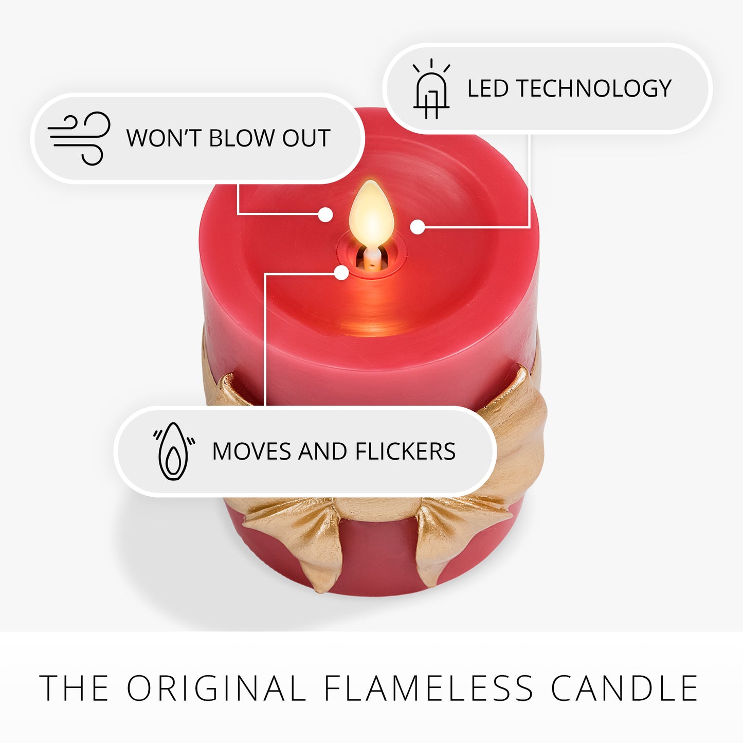 Holiday Red with Gold Bow Flameless Candle Pillar