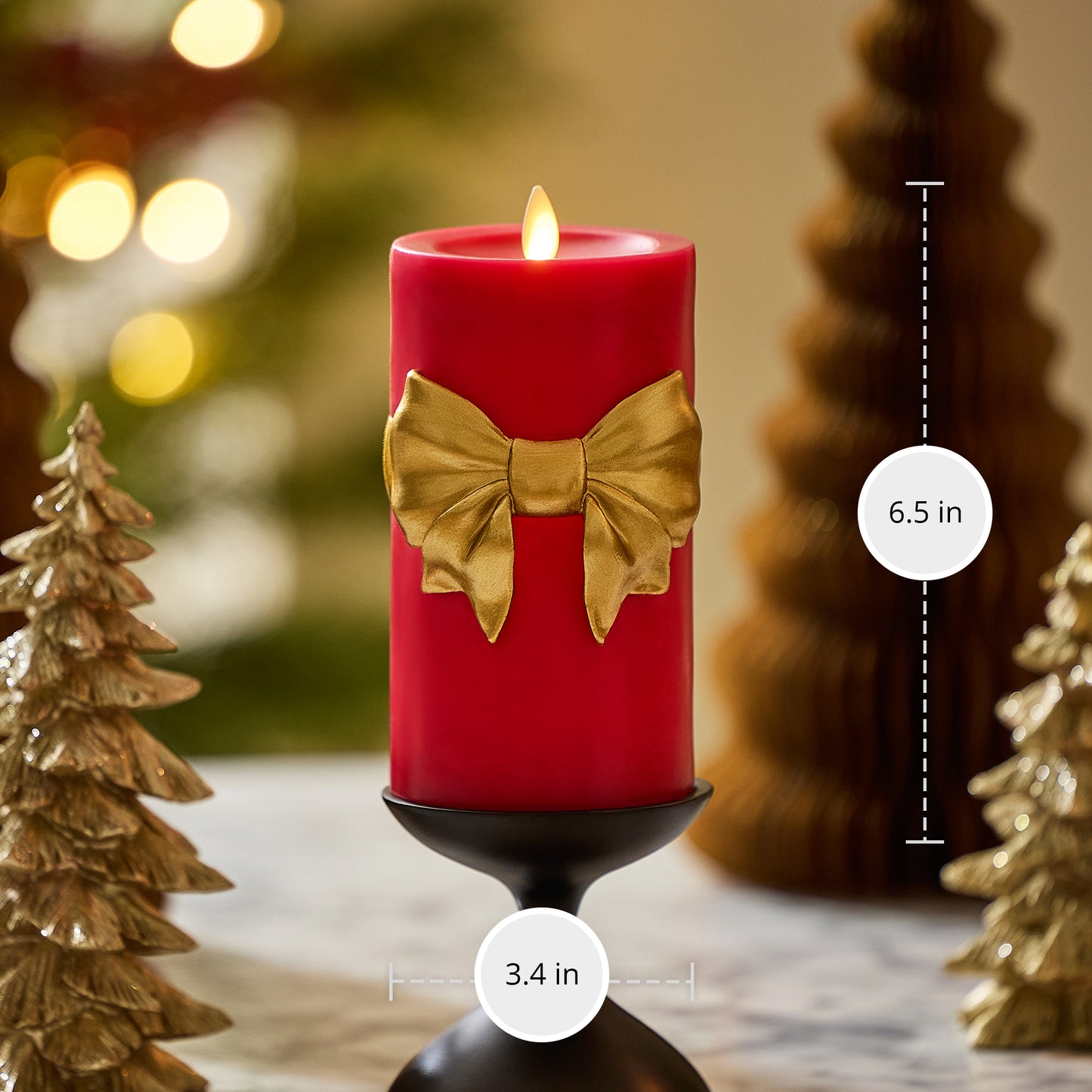 Holiday Red with Gold Bow Flameless Candle Pillar