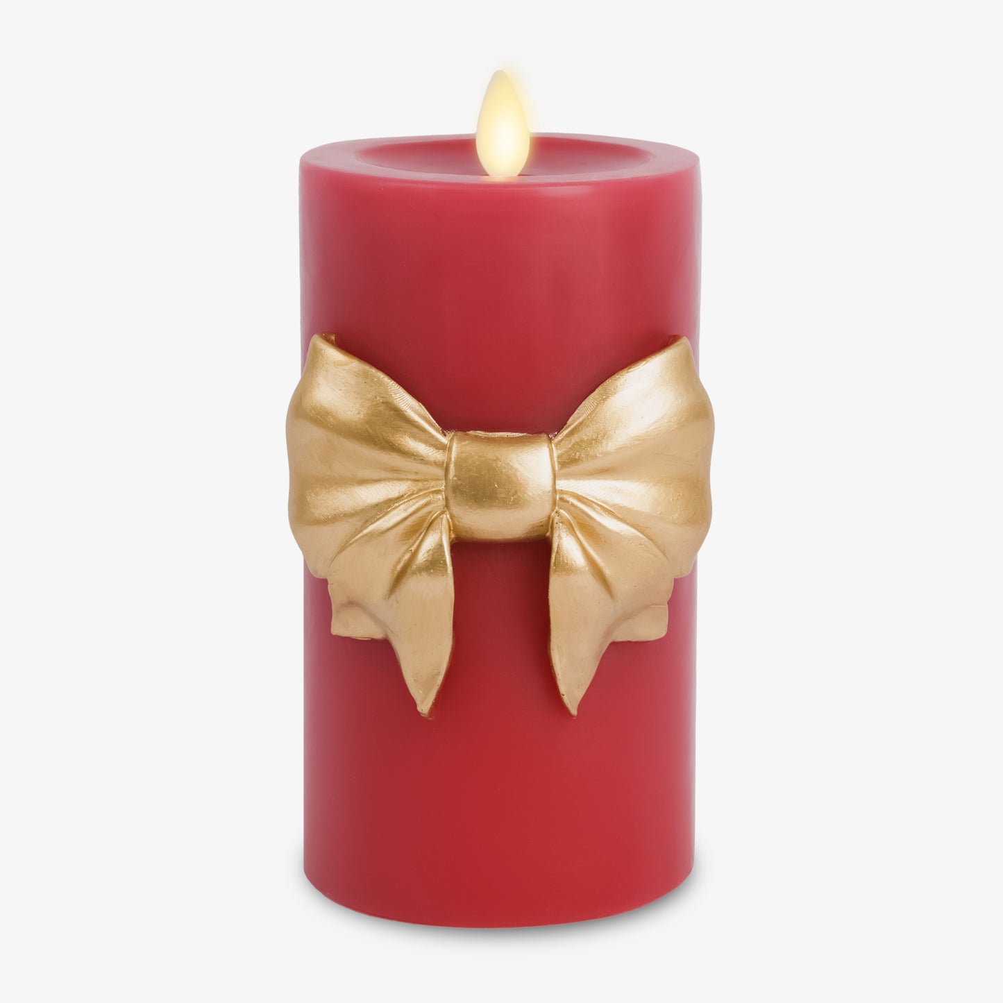Holiday Red with Gold Bow Flameless Candle Pillar