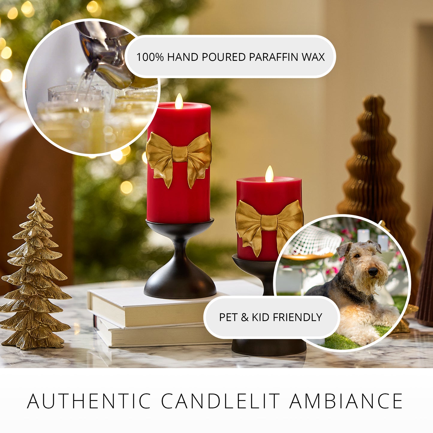 Holiday Red with Gold Bow Flameless Candle Pillar