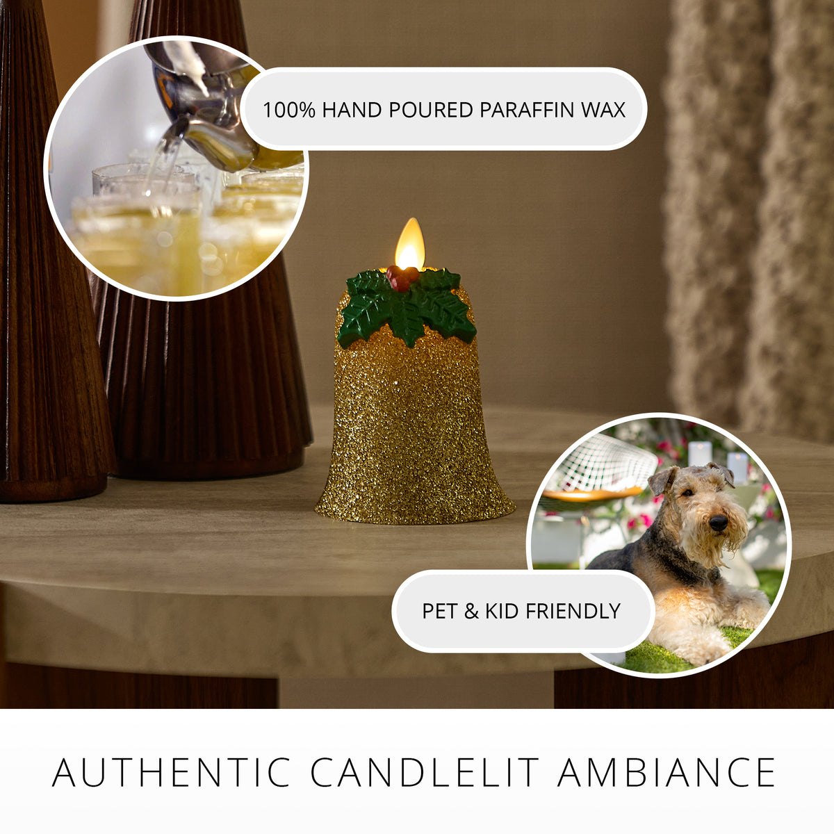 Gilded Gold Glitter Holiday Bell Flameless Candle