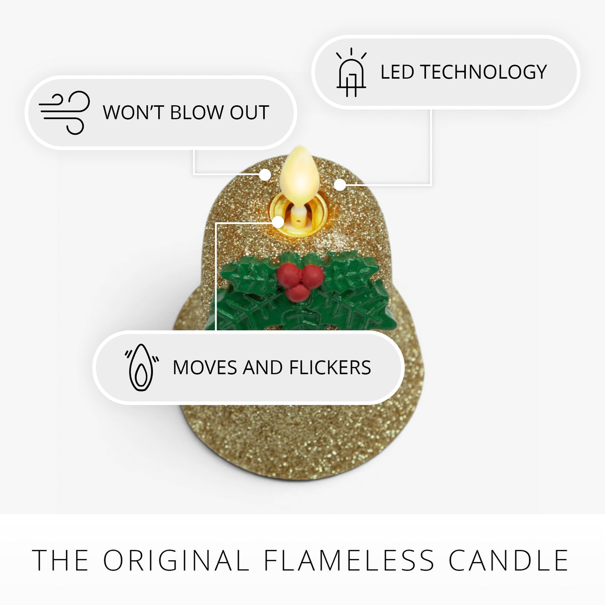 Gilded Gold Glitter Holiday Bell Flameless Candle