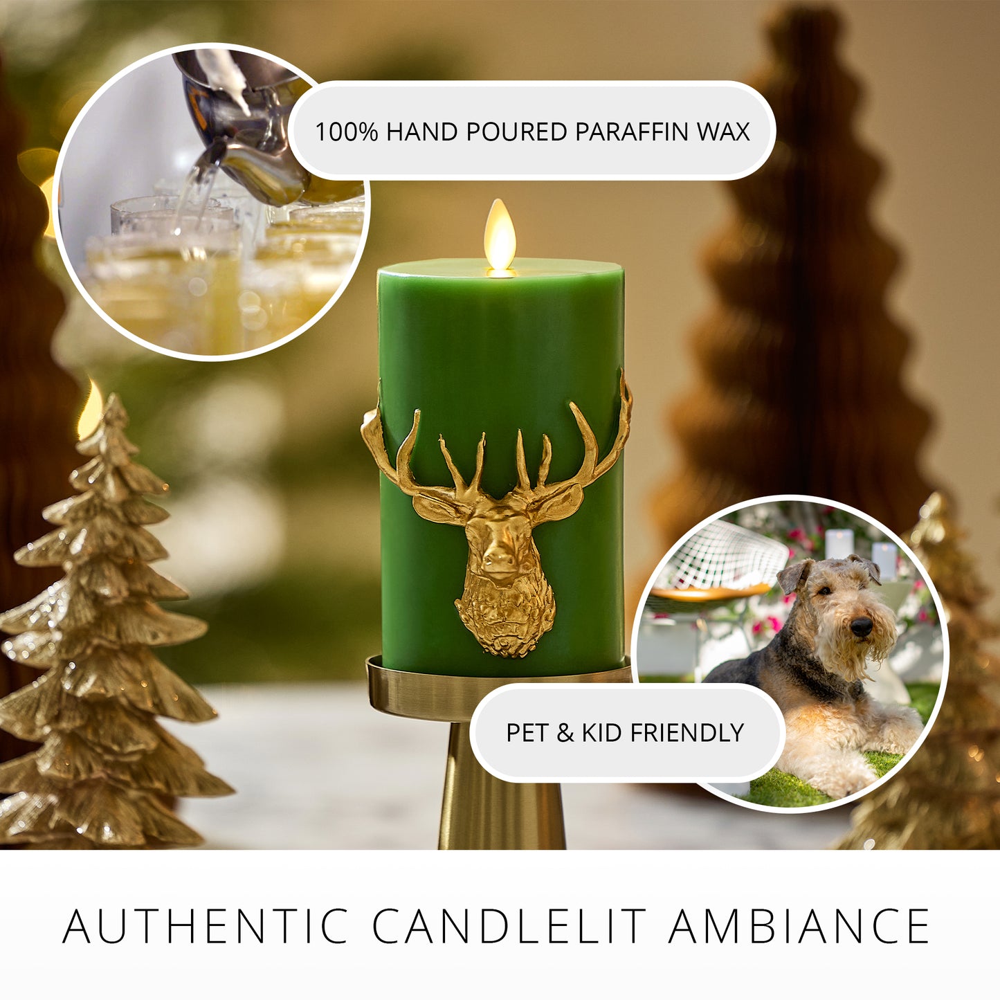 Holiday Green Reindeer Flameless Candle Pillar
