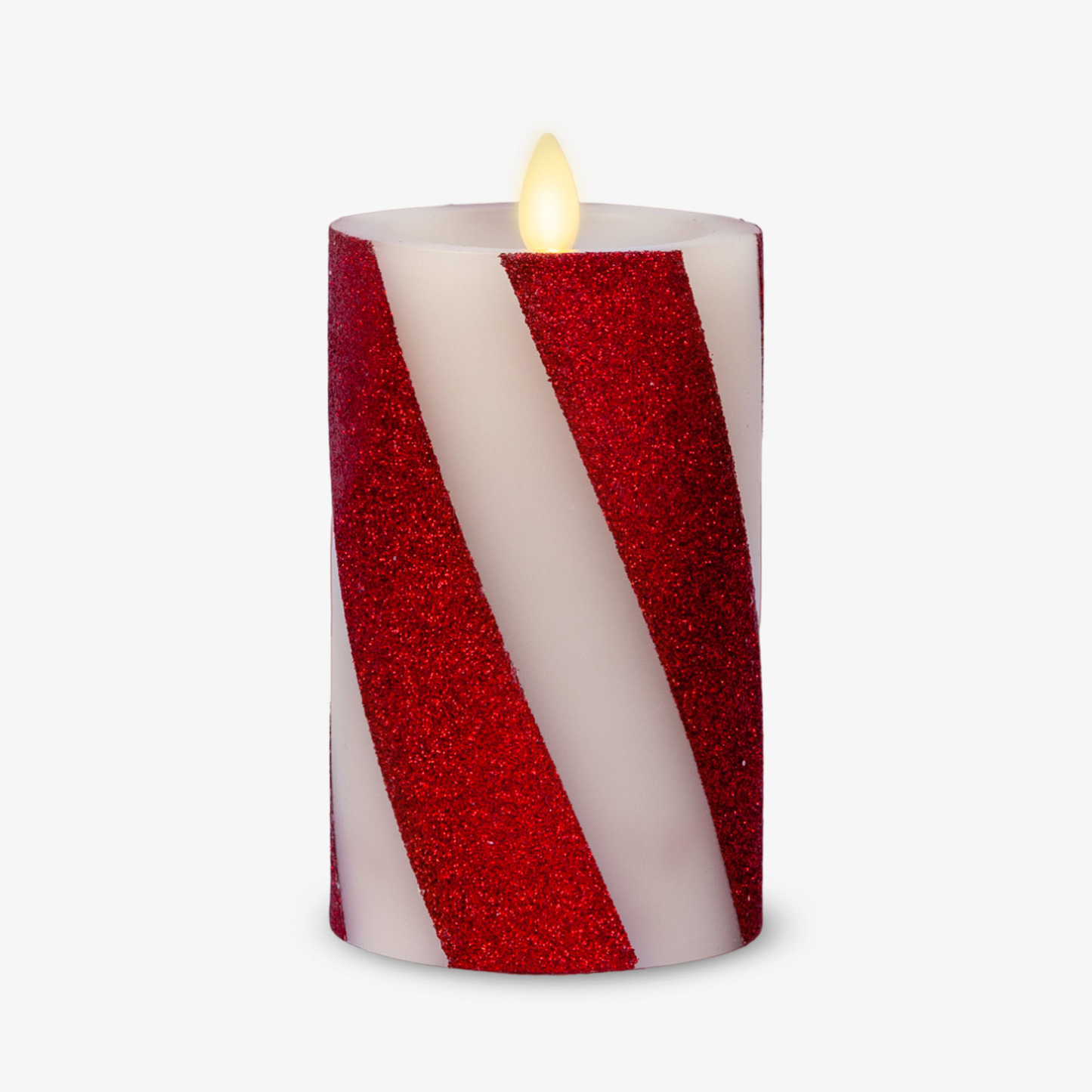 Red Candy Cane Wide Glitter Stripe White Flameless Candle Pillar