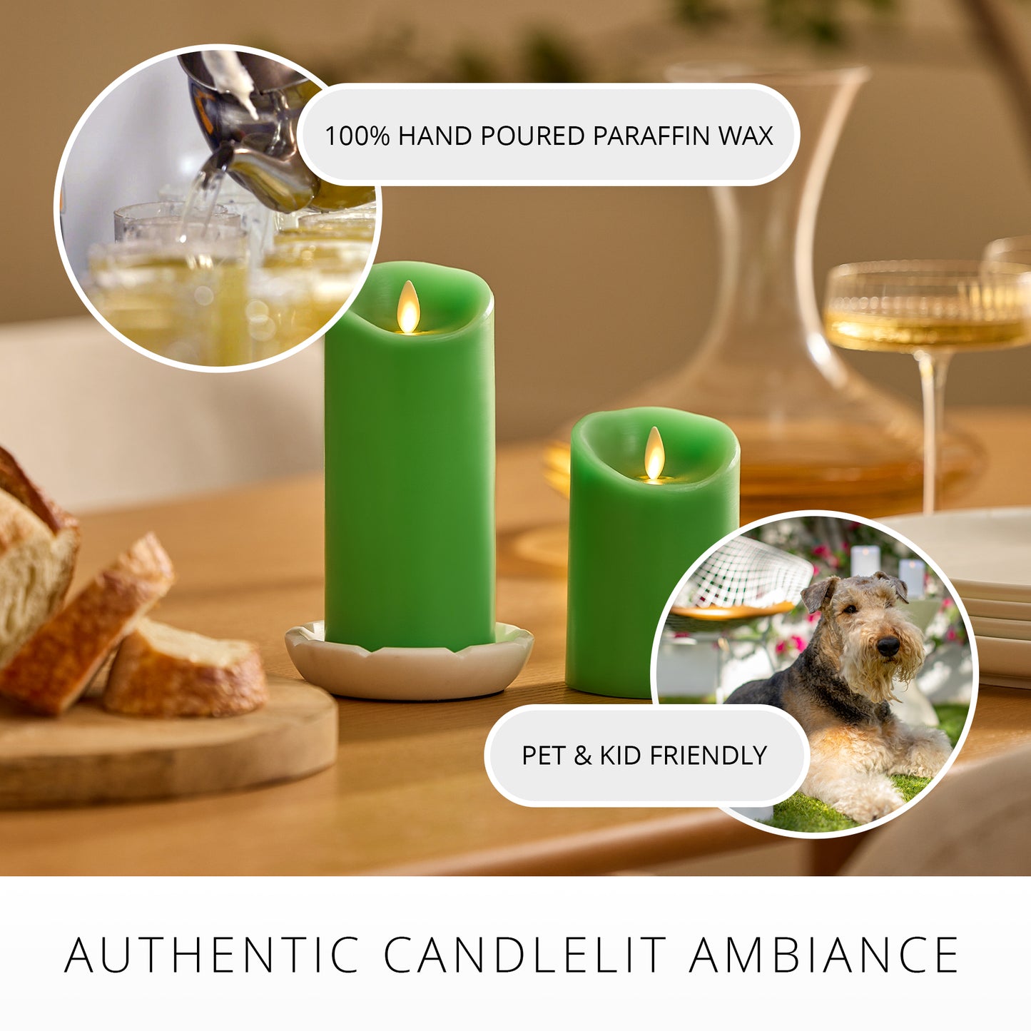 Vibrant Green Flameless Candle Pillar - Scallop Top - 3" Width