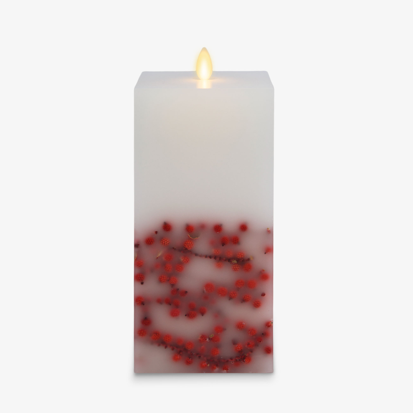 Embedded Red Berries Flameless Candle Square Pillar - Flat Top