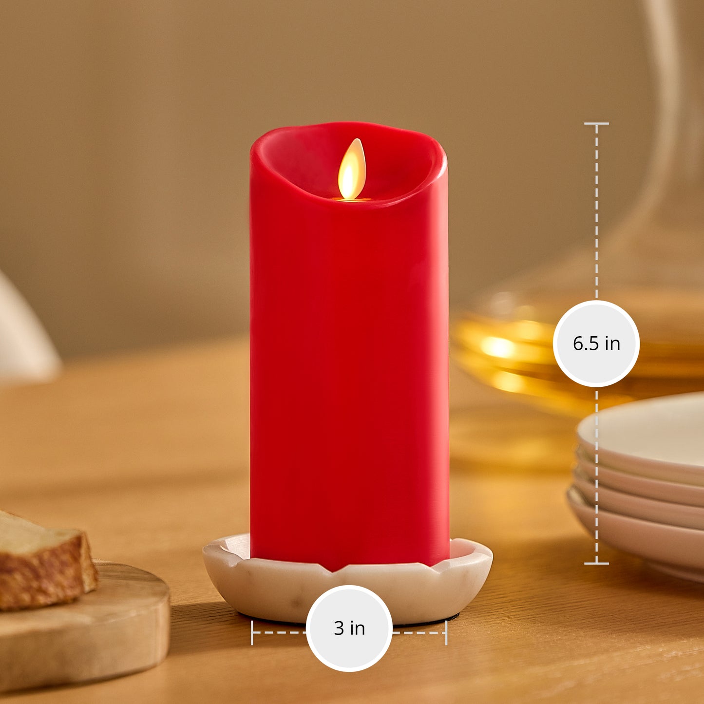 True Red Flameless Candle Pillar - Scallop Top - 3" Width