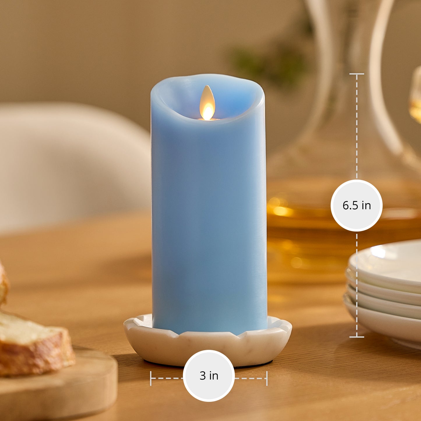 Airy Blue Flameless Candle Pillar - Scallop Top - 3" Width